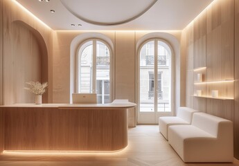 
Title:
Modern Minimalist Reception Area in Beauty Salon Studio with Light Wood Paneling, White Desk, Beige Walls, Arched Windows, and Natural Lighting. Elegant Interior Design.