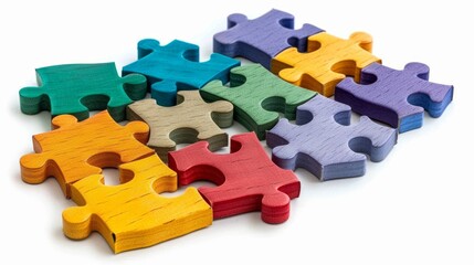 Obraz premium Colorful puzzle pieces in different shapes and sizes symbolizing diversity, isolated on a white background, perfect for inclusive themes