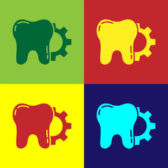 Pop art Tooth treatment procedure icon isolated on color background. Tooth repair with gear. Vector