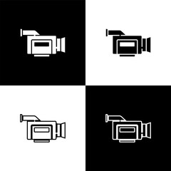 Set Cinema camera icon isolated on black and white background. Video camera. Movie sign. Film projector. Vector