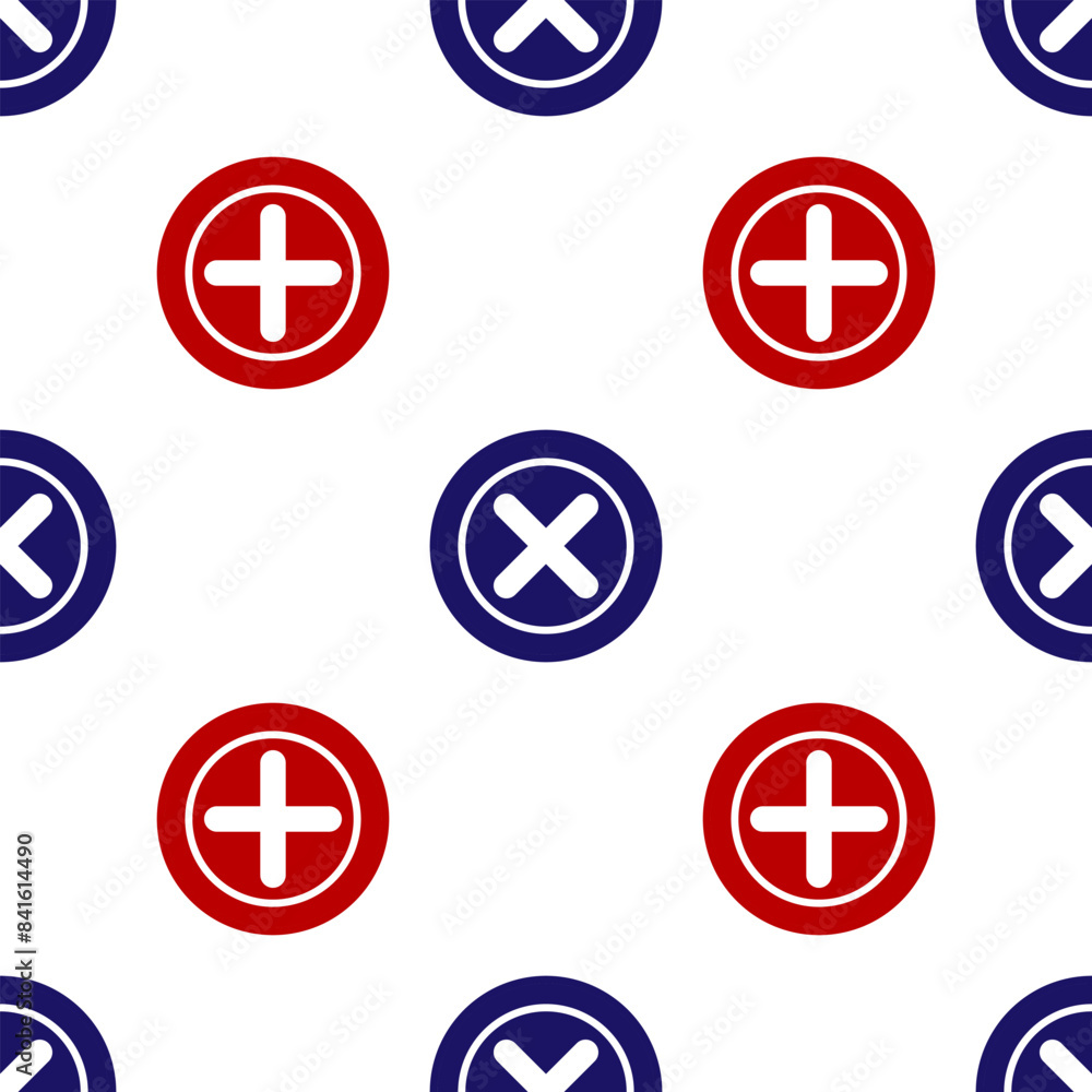 Poster blue and red x mark, cross in circle icon isolated seamless pattern on white background. check cross