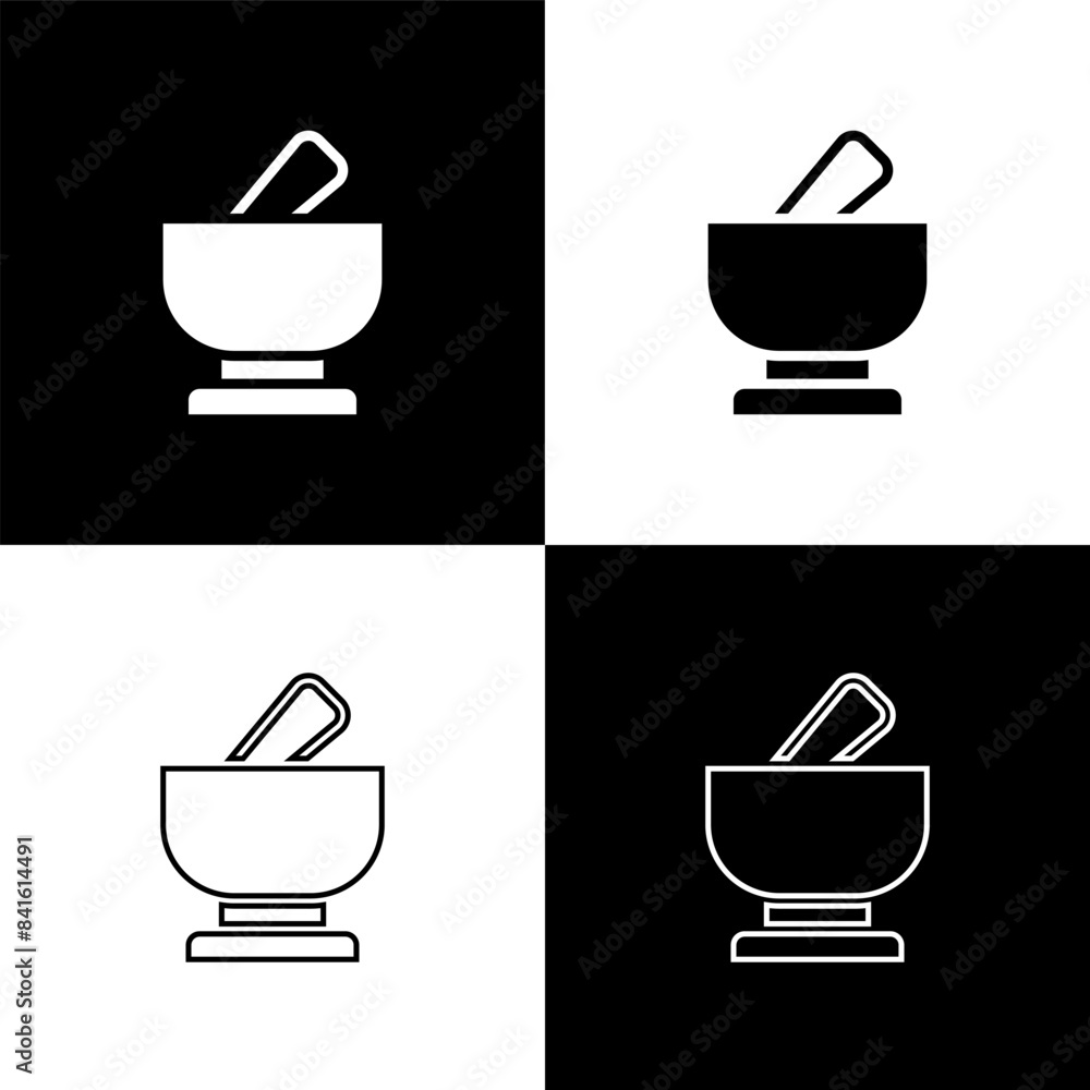 Poster Set Mortar and pestle icon isolated on black and white background. Vector