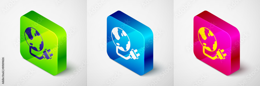 Poster isometric global energy power planet with plug icon isolated on grey background. ecology concept and