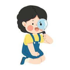 Kid Girl sitting and holding a magnifying glass