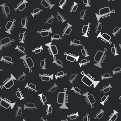 Grey Musical instrument trumpet icon isolated seamless pattern on black background. Vector
