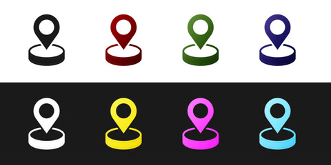 Set Map pin icon isolated on black and white background. Navigation, pointer, location, map, gps, direction, place, compass, search concept. Vector