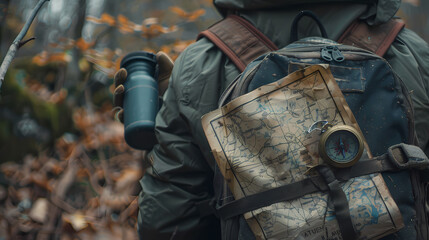 Fototapeta premium A map is laid out on a table next to a bottle of water and a compass