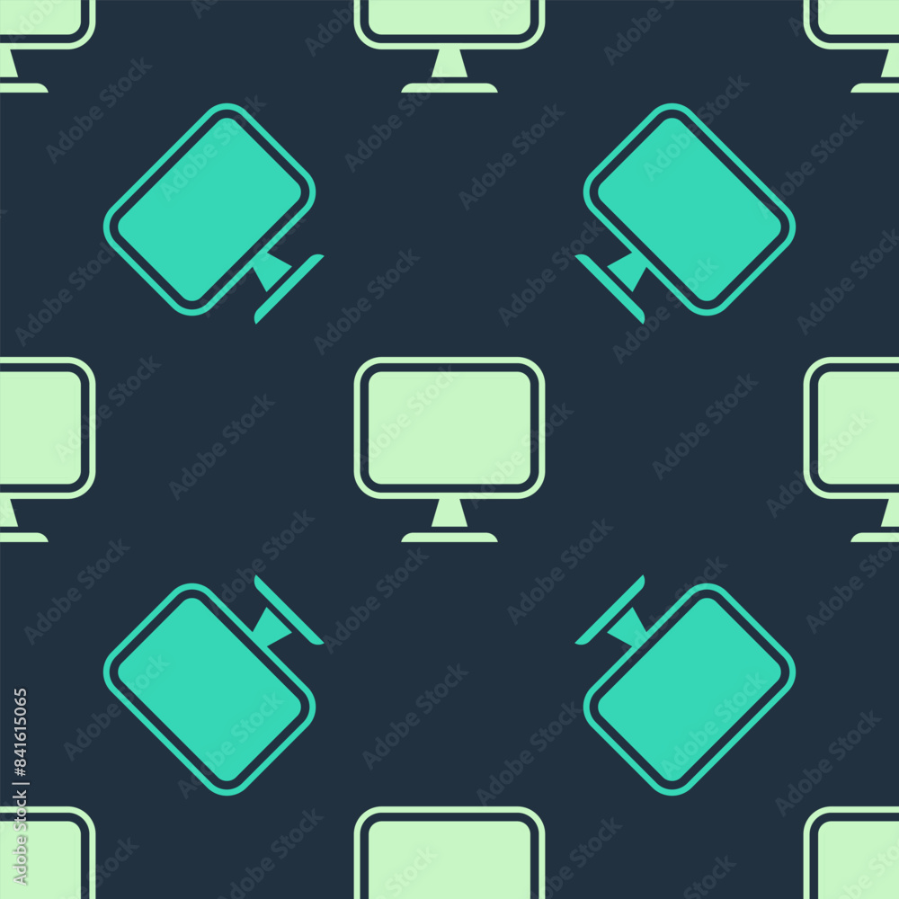 Poster green and beige computer monitor screen icon isolated seamless pattern on blue background. electroni