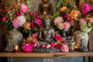 Tranquil buddha statue surrounded by a vibrant array of fresh flowers
