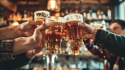 Group of friends drinking beer at brewery pub restaurant - Happy people enjoying happy hour sitting at bar table - Close-up image of brew glasses - Food and beverage lifestyle concept.