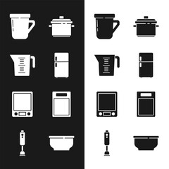 Set Refrigerator, Measuring cup, Coffee, Cooking pot, Electronic scales, Cutting board, Bowl and Blender icon. Vector