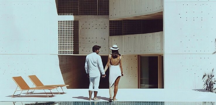 Young elegant couple by hotel pool . Summer vacation and travel concept. Retro vintage pop design for poster, print. Vintage collage.