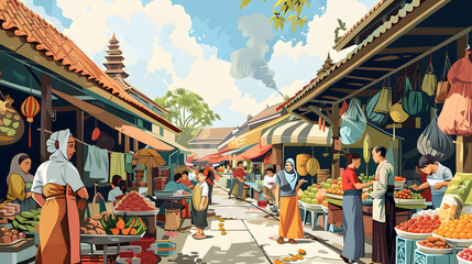 Fototapeta premium Vibrant Indonesian Market Scene with Traditional Architecture and Fresh Produce Stalls Under a Bright Sky, Ideal for Summer Travel Inspiration 2024