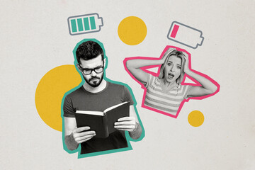 Composite photo collage of serious man full capacity battery read book astonished sad tired girl low charge isolated on painted background © deagreez