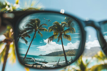 Sunglasses reflecting palm trees, plane, and mountains, travel concept