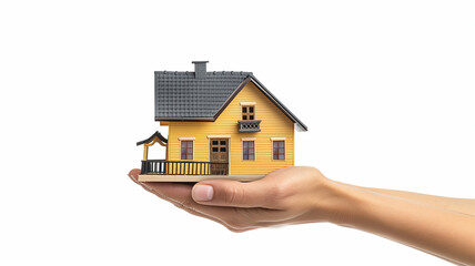 Real estate agent holding small yellow house model in hands