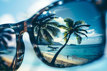 Sunglasses reflecting palm trees, plane, and mountains, travel concept