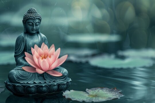 Tranquil image of a buddha statue in meditation on a pink lotus flower, set upon serene waters