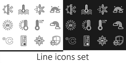 Set line UV protection, Rainbow with clouds, Sun and snowflake, Thermometer sun, Meteorology thermometer and Water icon. Vector