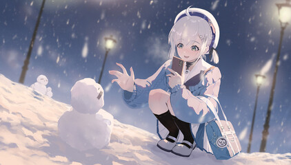 A girl with a snowman, Winter Wonderland