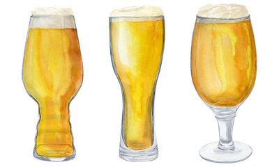 set of full glasses of beer, three glasses.  International beer day. Beer festival. Watercolor illustration