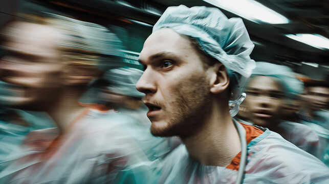 Doctor wearing surgical mask walking with team in hospital hallway with motion blur