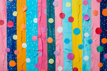 Colorful stripes and polka dots background, playful and festive vibe