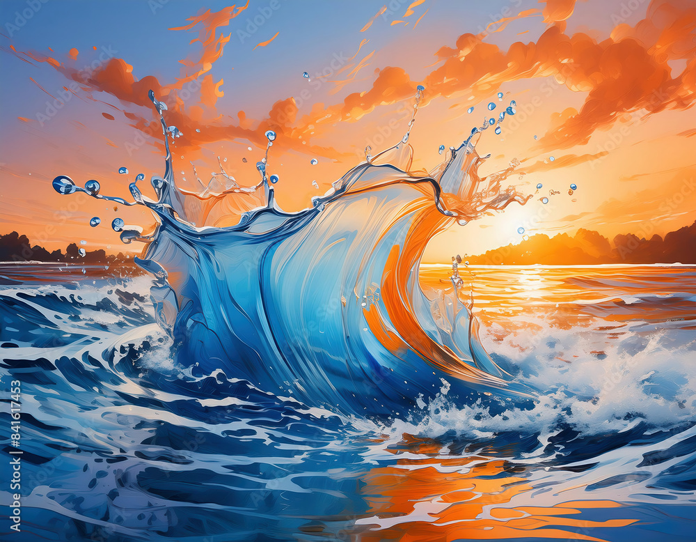 Wall mural Dreamlike illustration of beautiful sunset on the sea with huge waves and reflections	