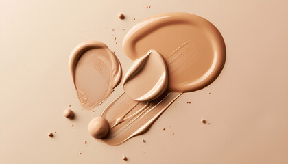 Liquid foundation and swatches on beige background