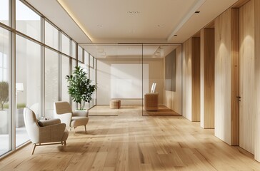 modern, office, interior, light, wood, glass, walls, reception, desk, sofa, window, parquet, floor, mockup, white, board, daylight, bright, professional, inviting, atmosphere, sleek, clean, contempora