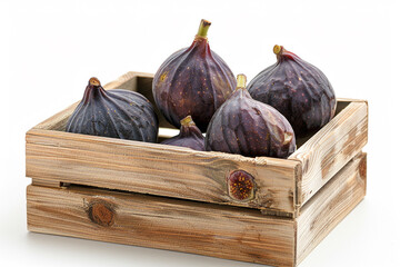 Figs in a wooden box on a white background. Farm bioproducts.