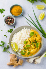 Curry sauce with chicken and rice in a plate, vegetables, spices and herbs on a light background, top view.