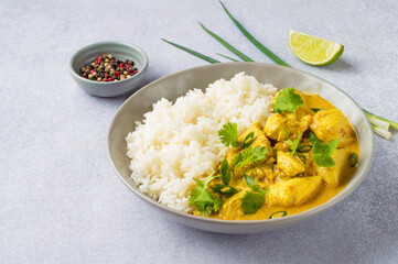 Curry sauce with chicken and rice in a plate on a light background, horizontal.