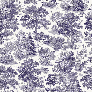 The Forest stories. Seamless pattern. Vector vintage illustration. Blue and white