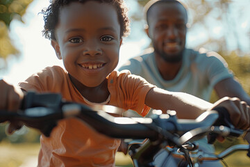 Obraz premium Dad explaining benefits of exercise to child while riding bikes in park