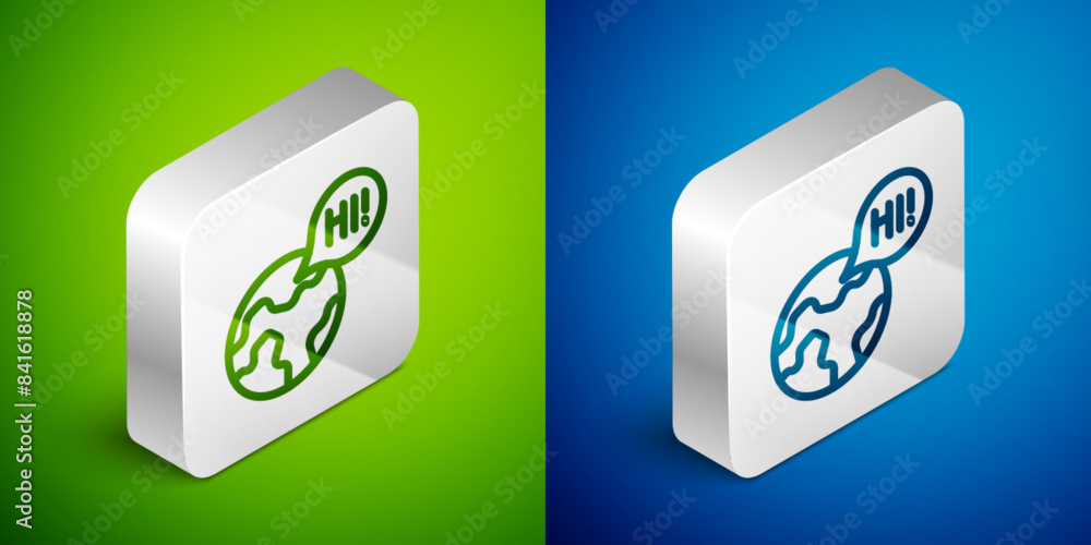 Aufkleber isometric line learning foreign languages icon isolated on green and blue background. translation, l