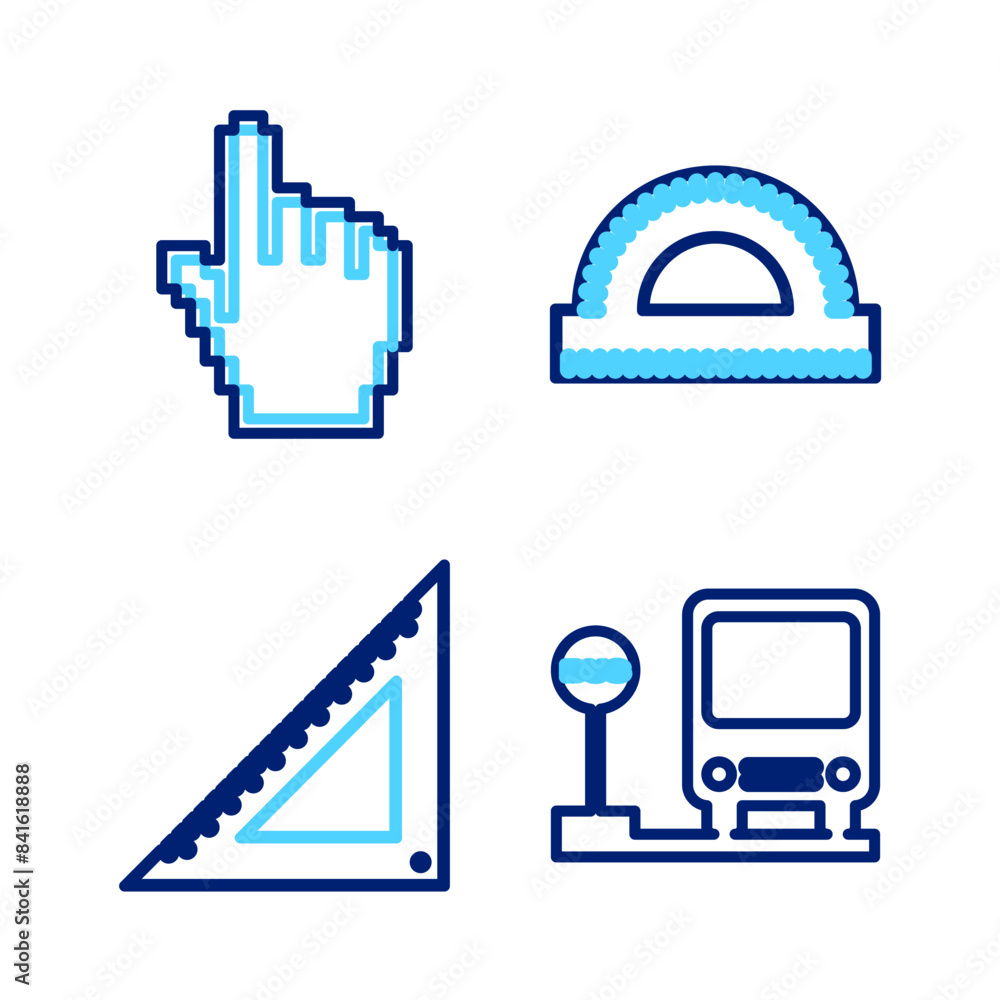Poster set line bus stop, triangular ruler, protractor grid and pixel hand cursor icon. vector