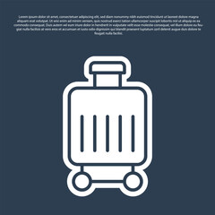 Obraz premium Blue line Suitcase for travel icon isolated on blue background. Traveling baggage sign. Travel luggage icon. Vector