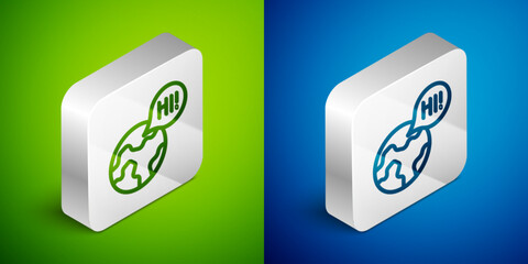 Isometric line Learning foreign languages icon isolated on green and blue background. Translation, language interpreter and communication. Silver square button. Vector