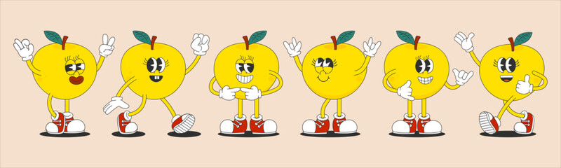 Summer fruit set. A collection of bright and cheerful cartoon characters of the 70s, 80s, 90s. Fruit apples waving and smiling. Retro vintage cartoons, vector illustration.