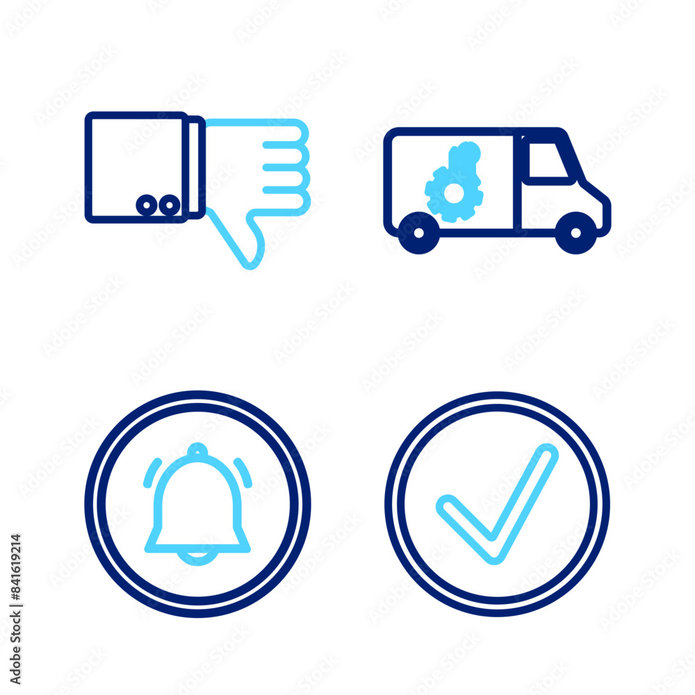 Aufkleber set line check mark in circle, button chat notification, car service and dislike icon. vector