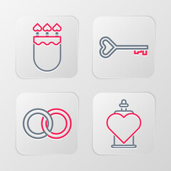 Set line Bottle with love potion, Wedding rings, Key heart shape and Quiver and arrows icon. Vector