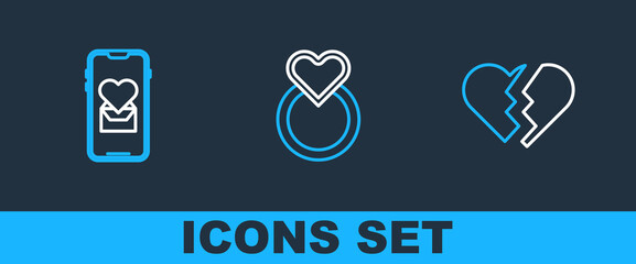 Set line Broken heart, Mobile with and Wedding rings icon. Vector