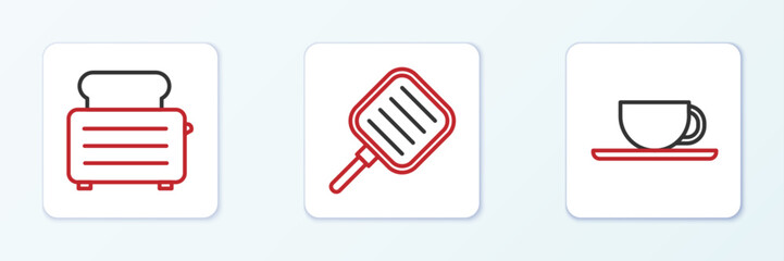 Set line Coffee cup, Toaster with toasts and Frying pan icon. Vector