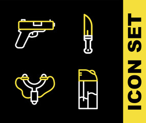 Set line Hunter knife, Lighter, Slingshot and Pistol or gun icon. Vector