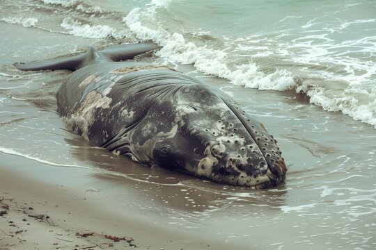 The whale washed ashore. The whale washed up on the beach. Shore of the sea, ocean. Coast with a beached whale