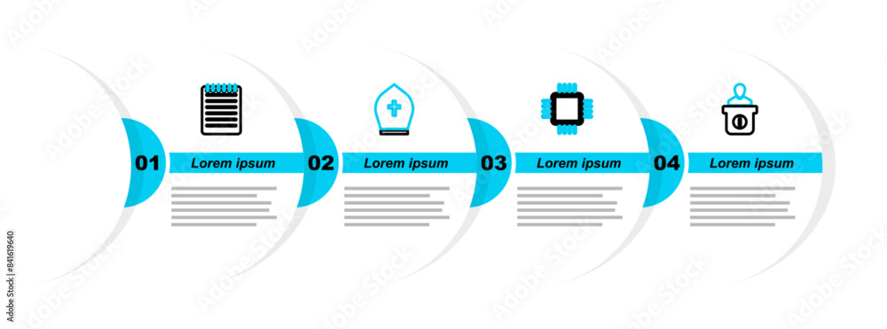 Poster set line information desk, processor with cpu, pope hat and notebook icon. vector