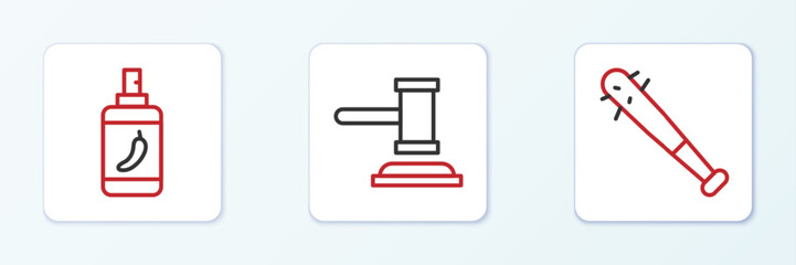 Set line Baseball bat with nails, Pepper spray and Judge gavel icon. Vector