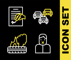 Set line Traffic jam, Censor and freedom of speech, Lying burning tires and Petition icon. Vector
