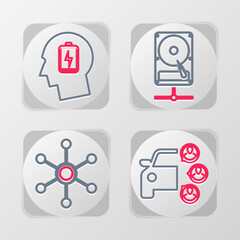 Set line Car sharing, Network, Hard disk drive on network and Head with low battery icon. Vector